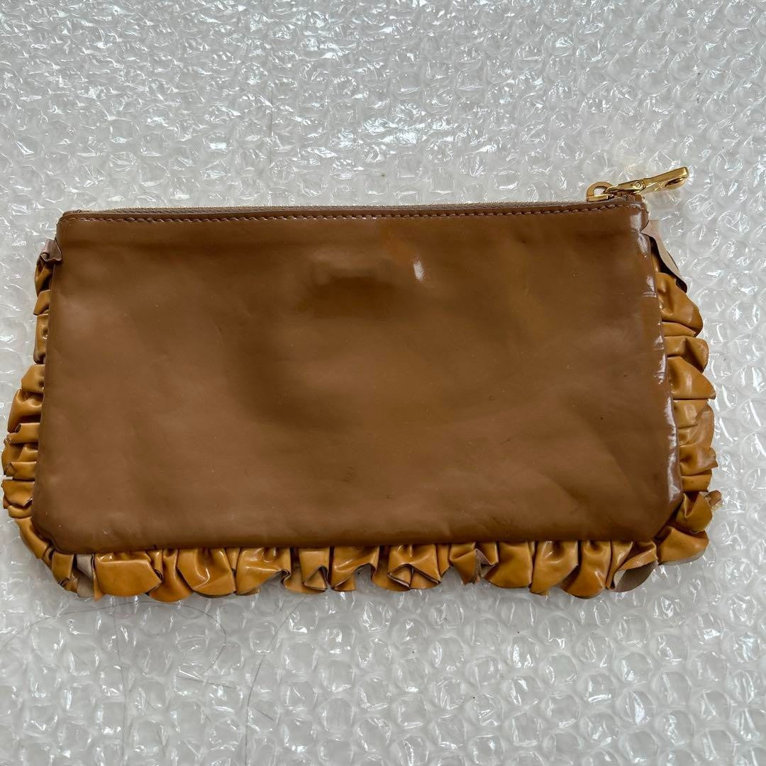 Miu Miu, Pouch, ruffled, enamel, brown, zipper gold, from Japan
