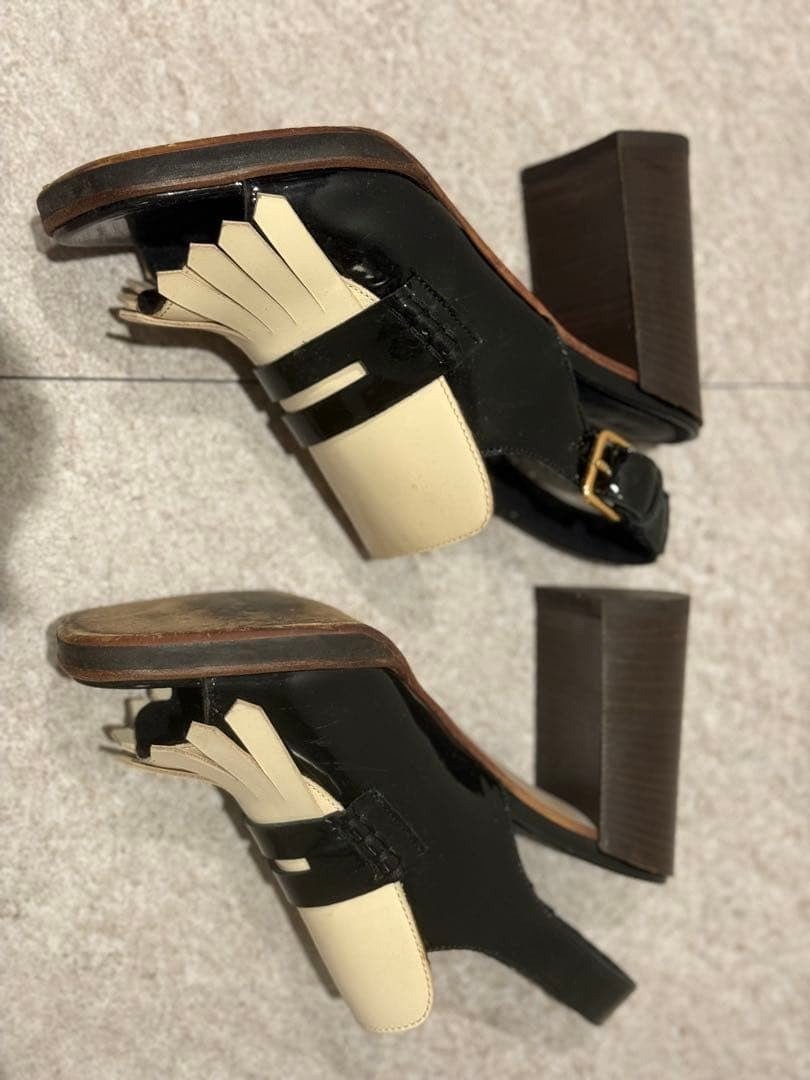 Auth MARNI fringe sandals Shoes Size EU 38 US8 Leather Black White Logo Women