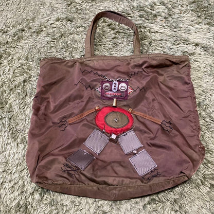 Prada Robot Patchwork Tote Bag Nylon Triangle Logo Plate Brown H35cm x W42cm