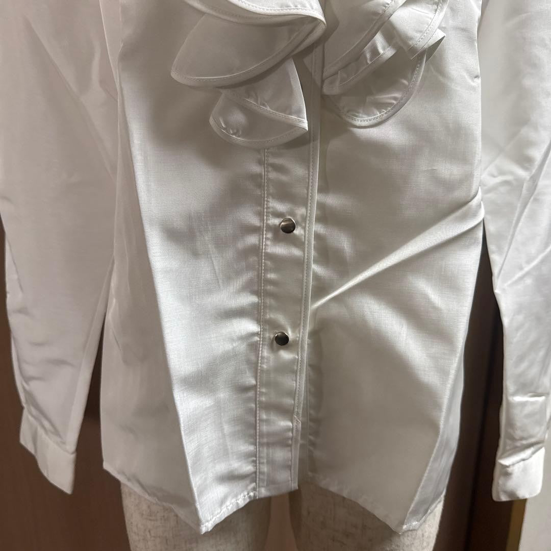 Thierry Mugler White Frill Long Sleeve Shirt Size 9 Polyester Near M Vintage 80s