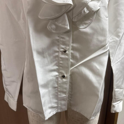 Thierry Mugler White Frill Long Sleeve Shirt Size 9 Polyester Near M Vintage 80s
