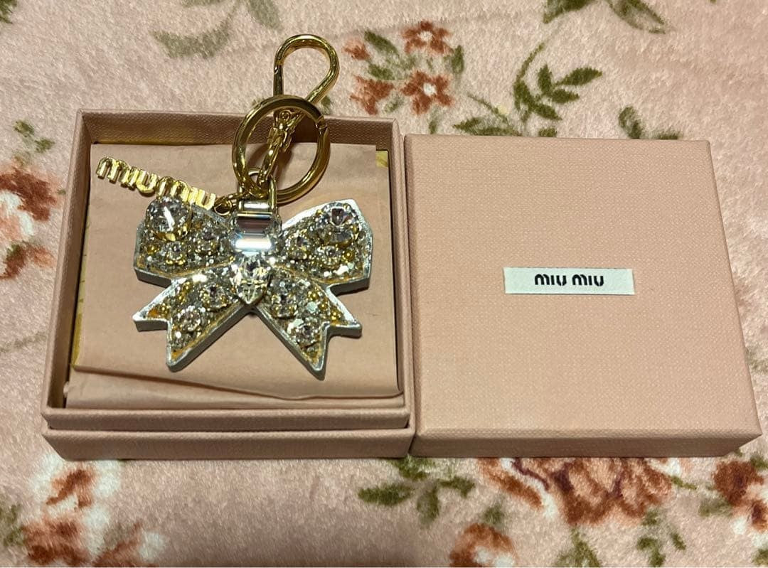 MIU MIU Logo Bar Ribbon Rhinestone Gold Tone Key Ring Holder Bag Charm Used
