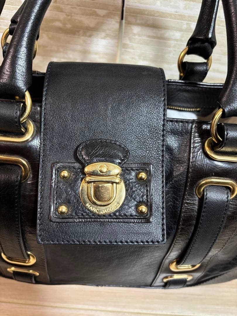 Marc Jacobs All Leather Black Shoulder Bag 2Way Handbag with Gold Hardware