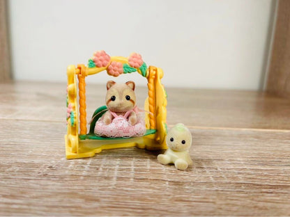 Vintage Rare Sylvanian Families Raccoon and Fairy Set Flower Swing stump