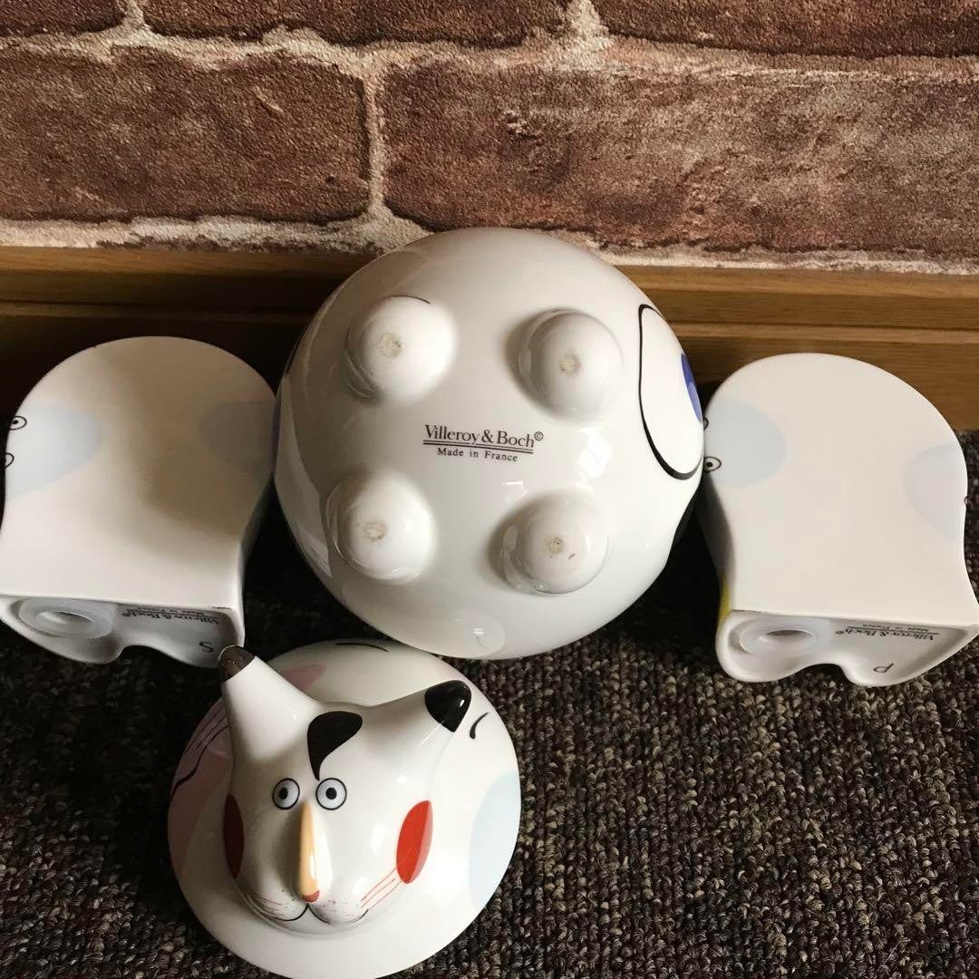 Beautiful, rare Villeroy & Boch 3-piece cat condiment case set