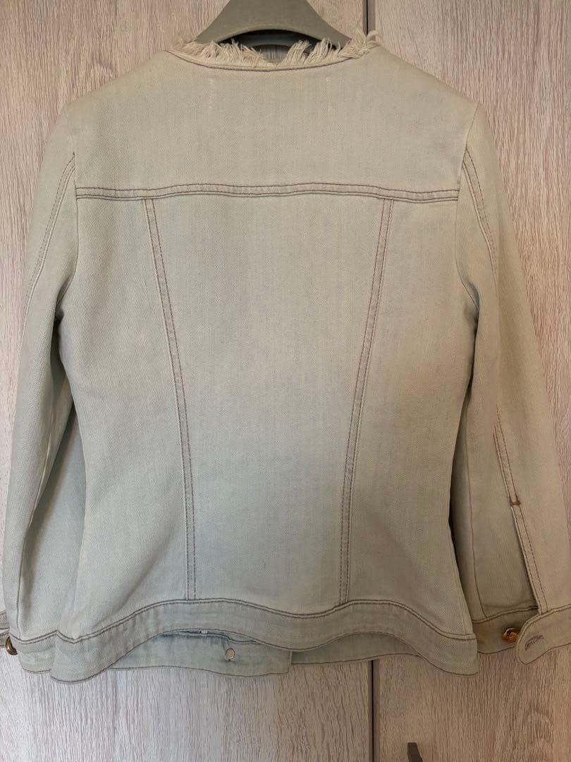 Blumarine Denim No-Collar Jacket with Fringe & Gold Buttons, Size M