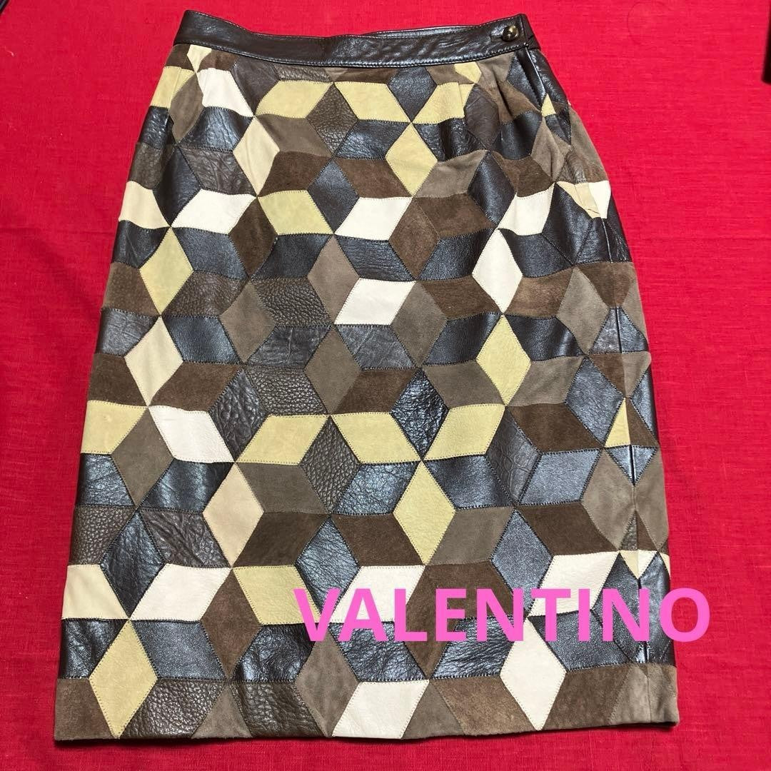 VALENTINO Leather Patchwork Tight Skirt Brown Waist 32cm Length 59cm Women