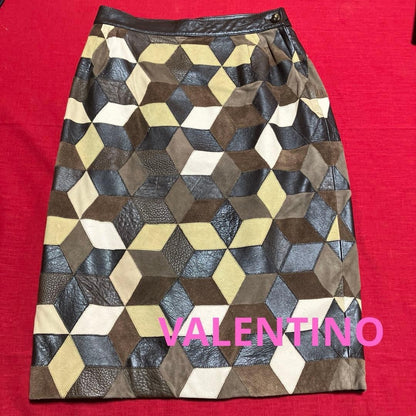 VALENTINO Leather Patchwork Tight Skirt Brown Waist 32cm Length 59cm Women