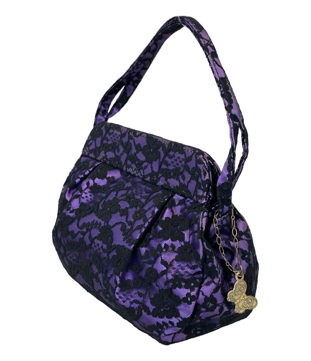 Anna Sui Mini Tote Bag Good Black/Purple Satin Butterfly Flower Lace Ladies USED
