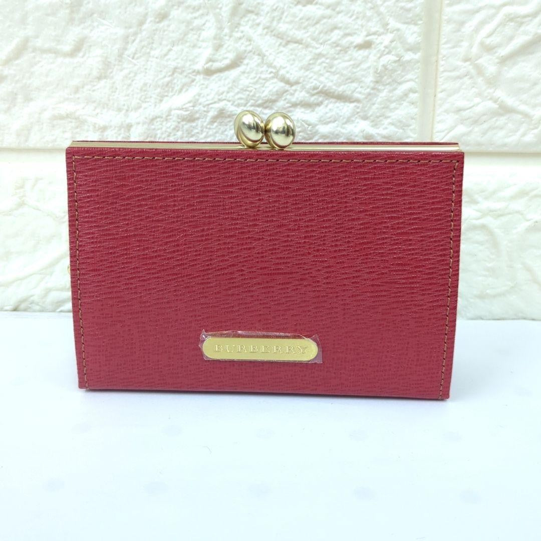 BURBERRY Leather Coin Case Wallet Red Kiss Lock Purse W/Box Used from Japan
