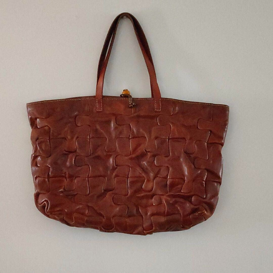 Used Henry Cuir Puzzle Tote Bag Hand Bag Leather Brown Color Very Rare JAPAN