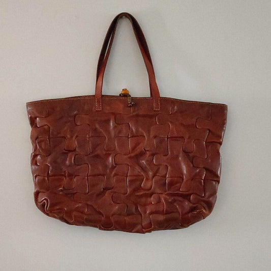Used Henry Cuir Puzzle Tote Bag Hand Bag Leather Brown Color Very Rare JAPAN