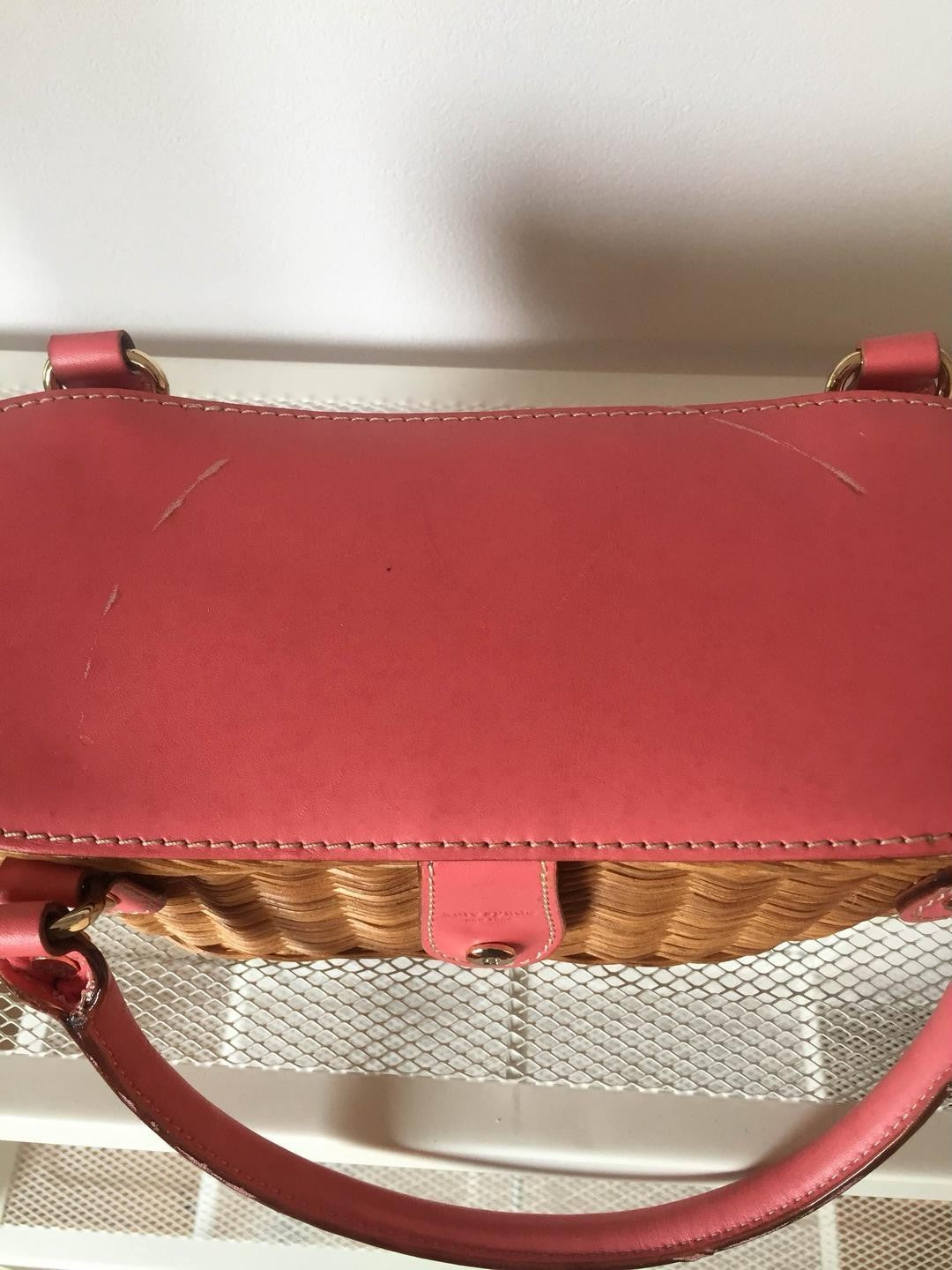 Kate Spade Pink Leather Straw Basket Bag Magnetic Closure Lid Handbag YBa0277