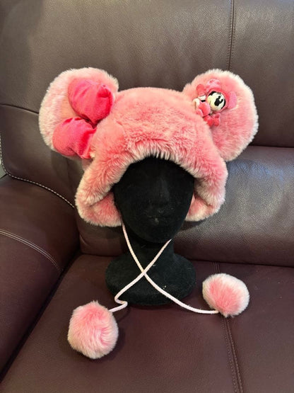 Tokyo Disney Minnie Mouse Pink Fur Hat with Pom-Pom & Ribbon, Rare japan