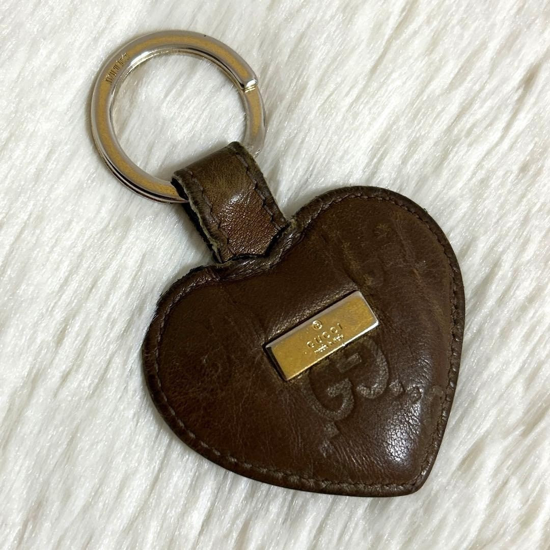 Authentic GUCCI Heart Strap Keychain KeyRing GG Leather Gold W/Box Made in Itary