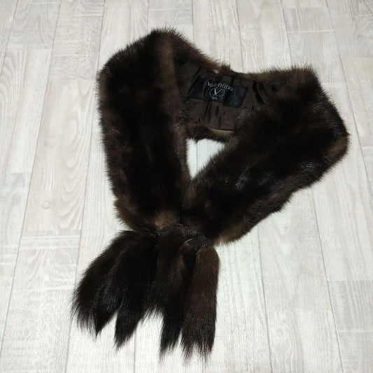 Valentino Sable Long Muffler Shawl Brown Fur Detachable Fringe Used