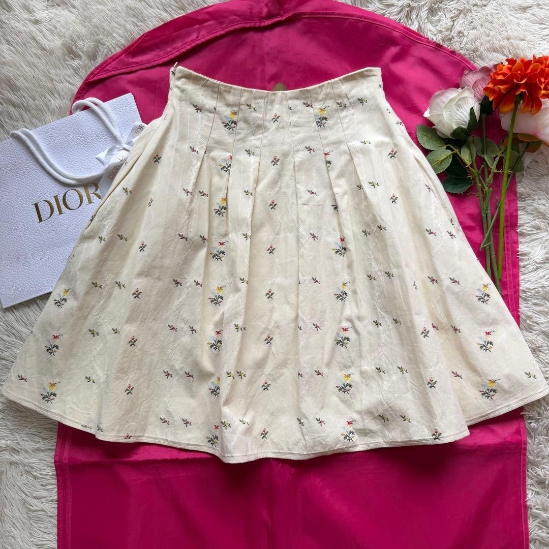 Christian Dior Skirt Knee Length Off White Floral Embroidery Size M 50cm
