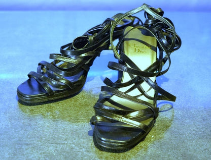 Rare Christian Dior Black Leather Lace-Up Sandals Size 23 Women's US 6