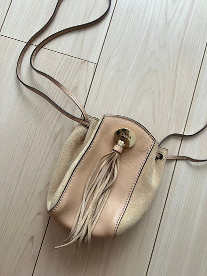Chloe Chain Shoulder Bag Mini Pochette Leather Fringe Beige USED Auth #S2433