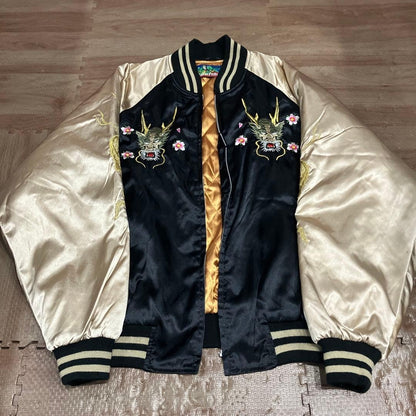 Rare Hoshihime Satin Sukajan Jacket Dragon Embroidery XL Black Gold