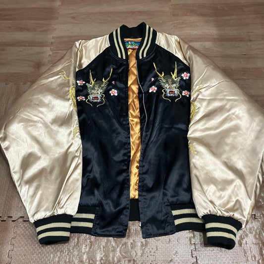 Rare Hoshihime Satin Sukajan Jacket Dragon Embroidery XL Black Gold