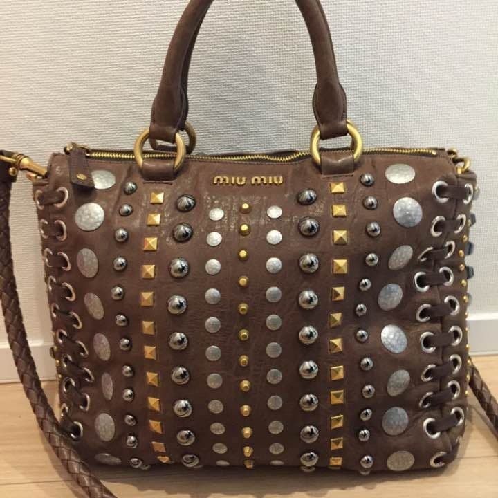 Vintage Miu Miu Archive Toto Bag Handbag Gold & Silver Studs Brown Leather JP !!