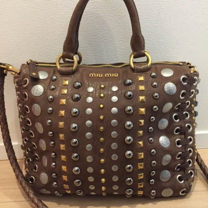 Vintage Miu Miu Archive Toto Bag Handbag Gold & Silver Studs Brown Leather JP !!