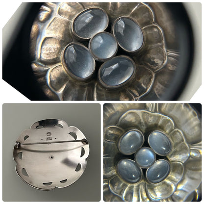 Georg Jensen No.59 Moonstone Flower Motif Pin Brooch Sterling Silver in Rare