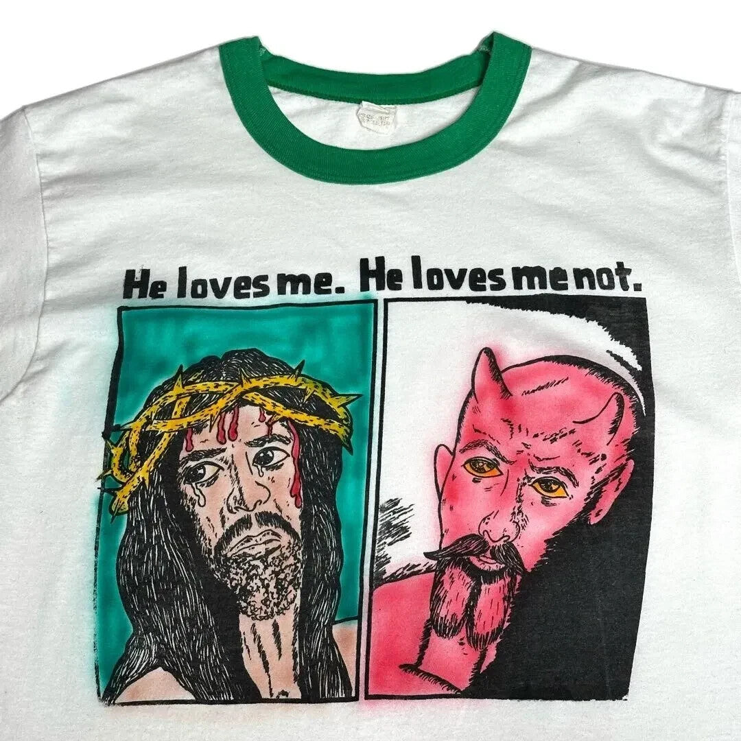 Rare 80s Jesus Devil Graphic T-Shirt He Loves Me Not VTG Screen Stars L