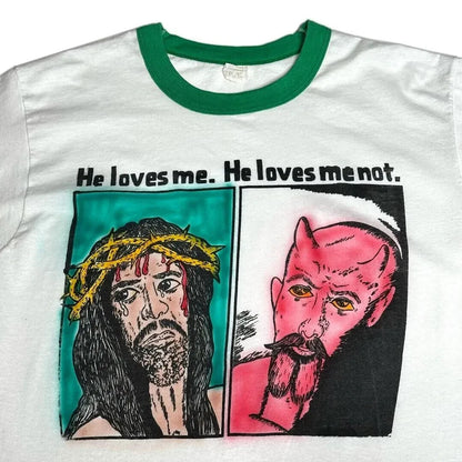 Rare 80s Jesus Devil Graphic T-Shirt He Loves Me Not VTG Screen Stars L