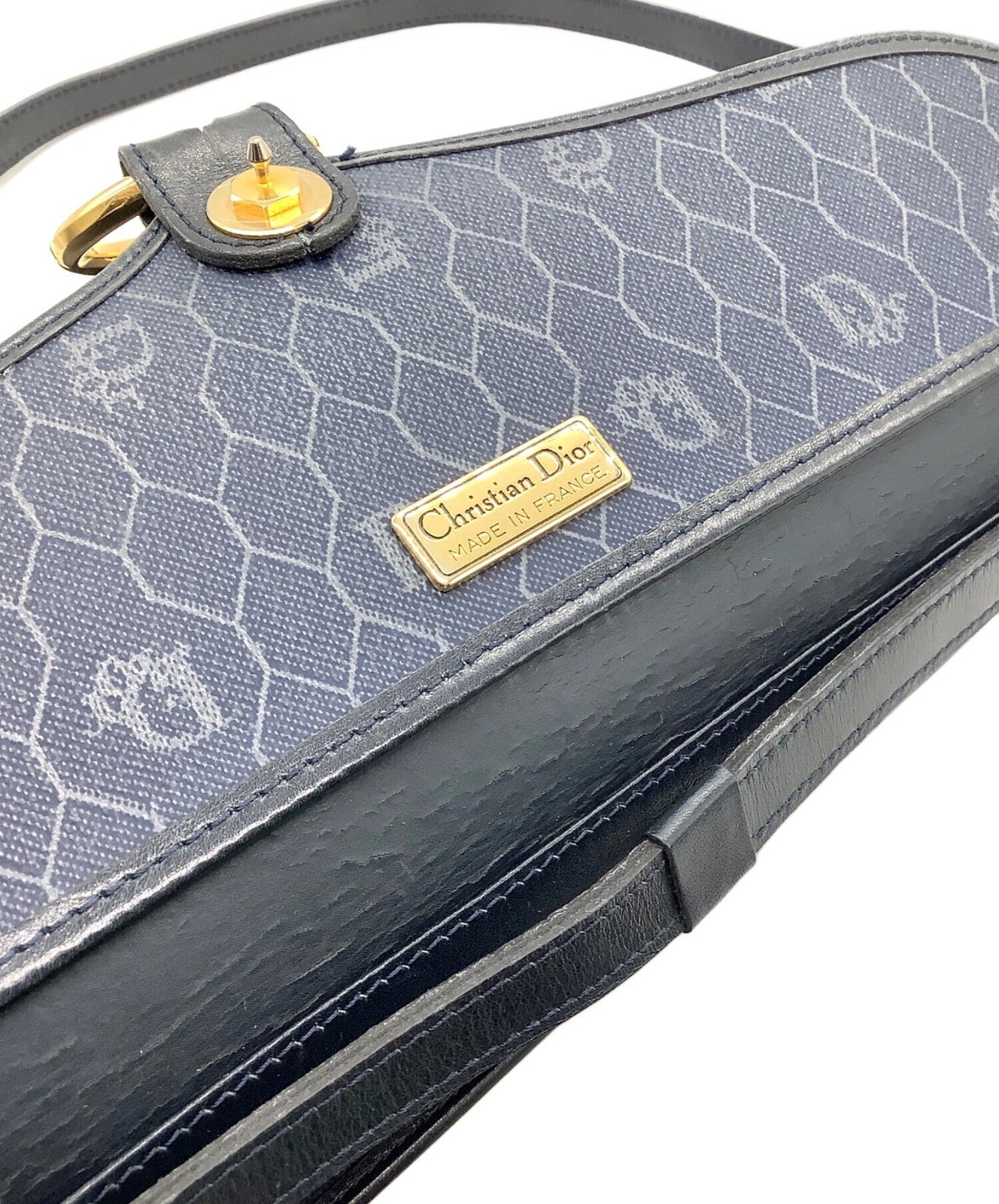 Dior Honeycomb Shoulder Crossbody Bag Navy Canvas Leather Vintage Authentic
