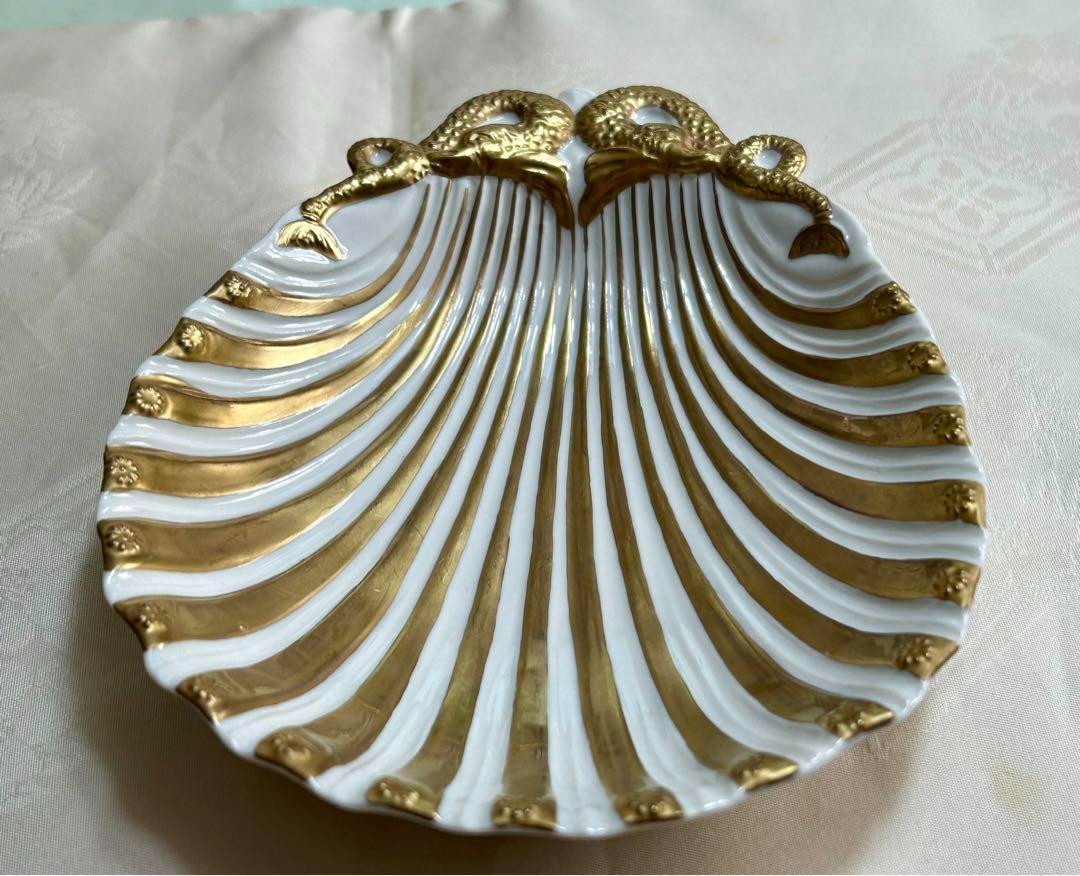 PORCELLANE VILLARI White Gold Shell Dish Plate 15.5cm x 12.5cm