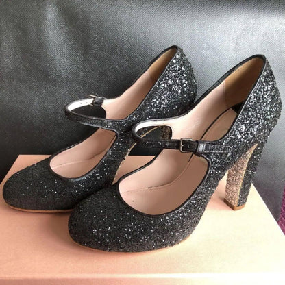 Rare Miu Miu Glitter Heels Black Silver 11cm Chunky Heel Size 37 EU Italy Luxury