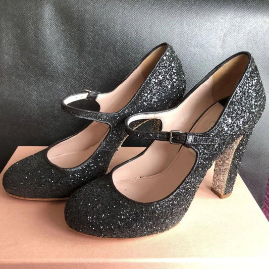 Rare Miu Miu Glitter Heels Black Silver 11cm Chunky Heel Size 37 EU Italy Luxury