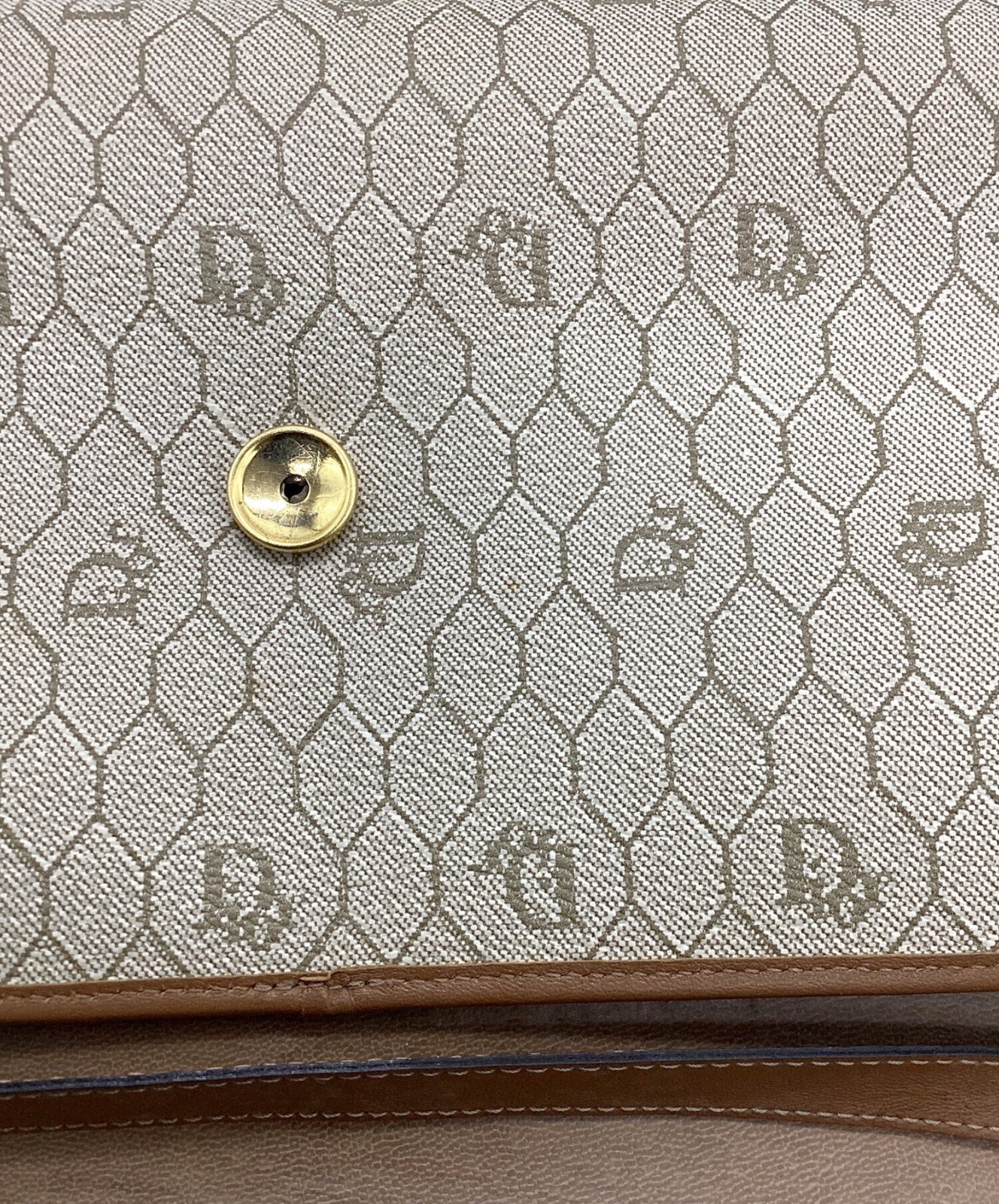 Dior Honeycomb Chain Shoulder Crossbody Bag Beige Canvas Leather Vintage Auth