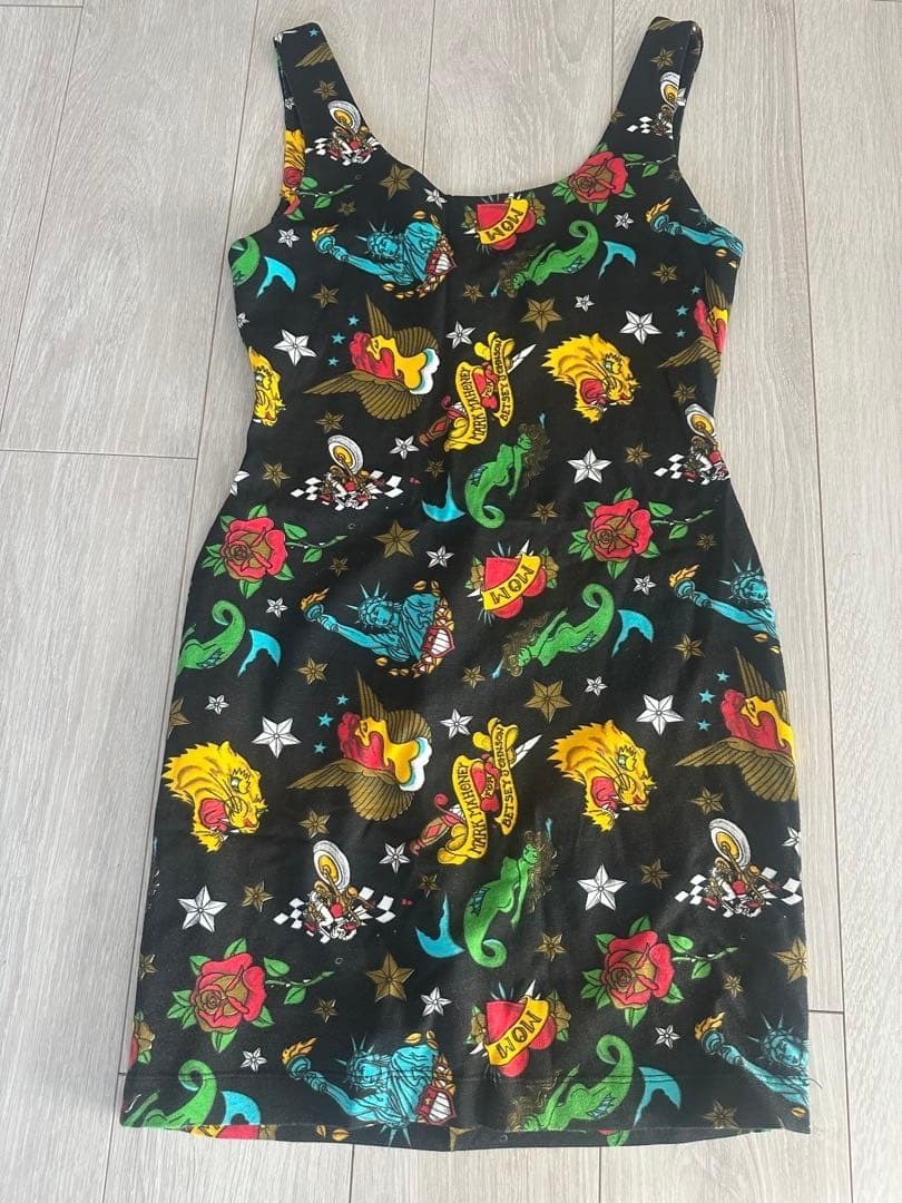 Vintage Betsey Johnson Tattoo Print Jersey Mini Dress Stretchy Bodycon Style M