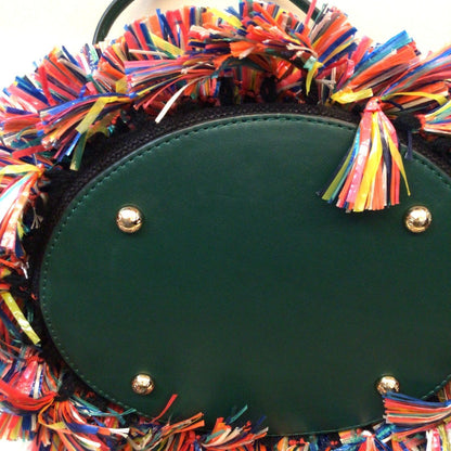 DOLCE & GABBANA Fringe Bucket Tote Bag Leather Green MultiColor DG Logo Women