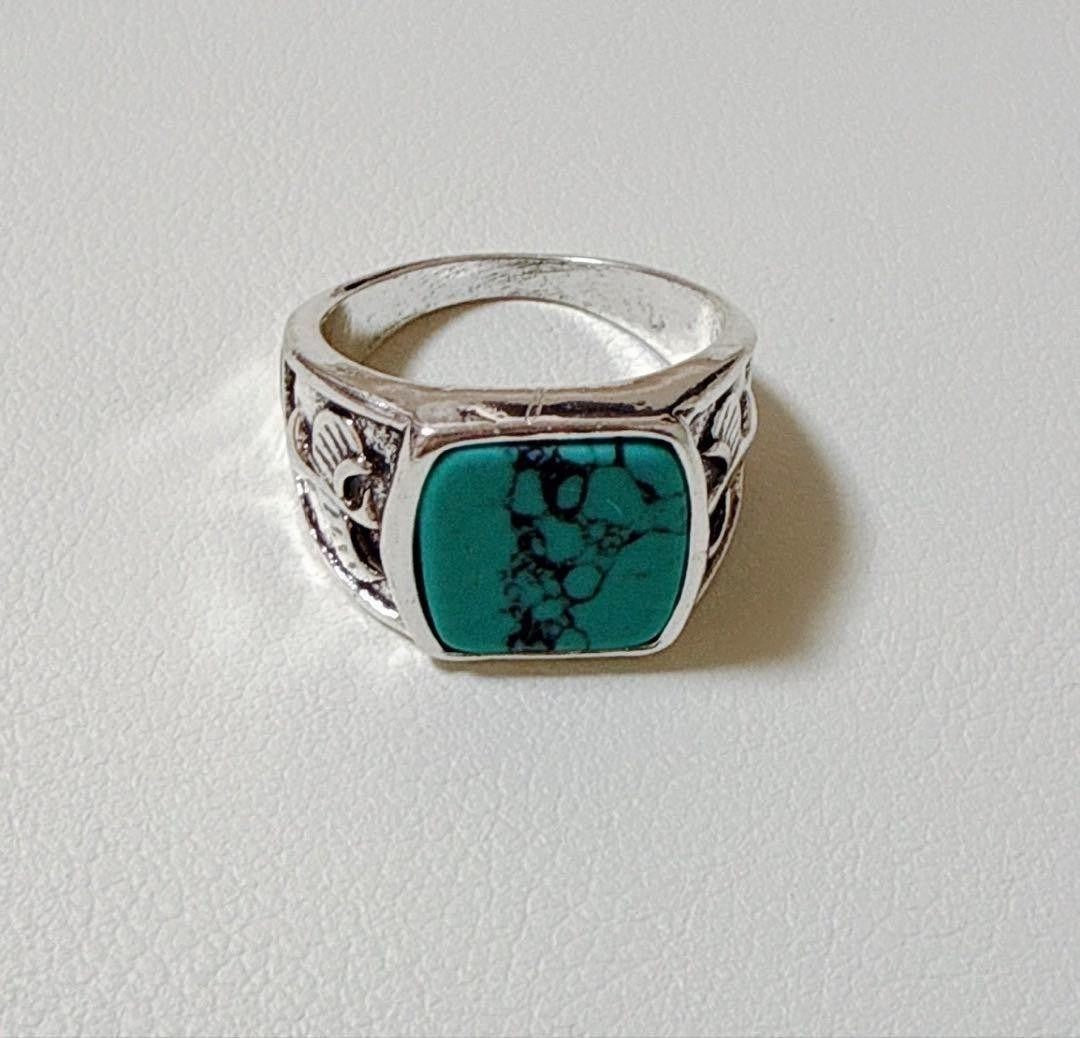 Turquoise Silver Ring with Eagle Engraving, Vintage Style, Men's