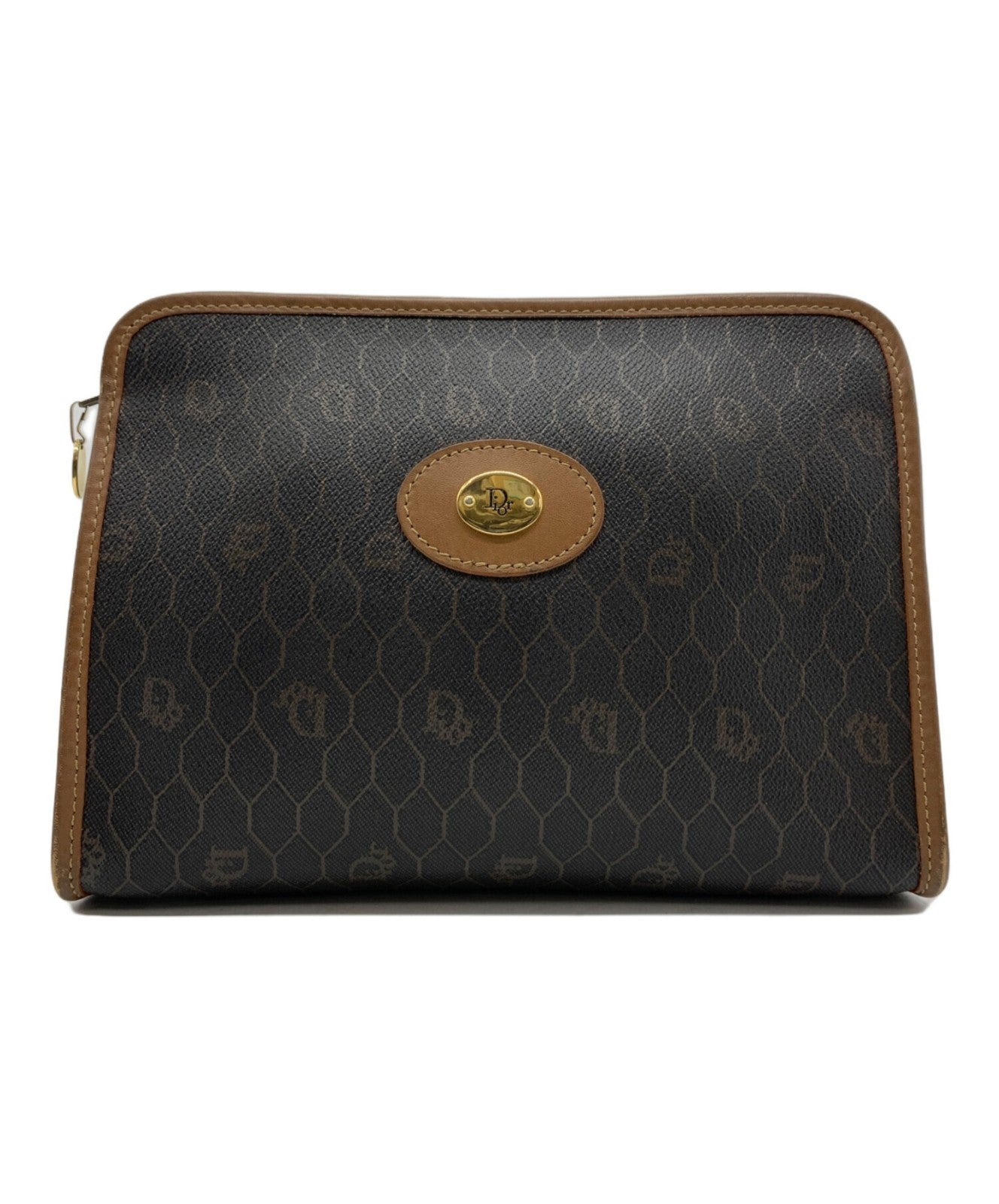 Dior Honeycomb Clutch Bag Brown Canvas Leather Vintage Authentic