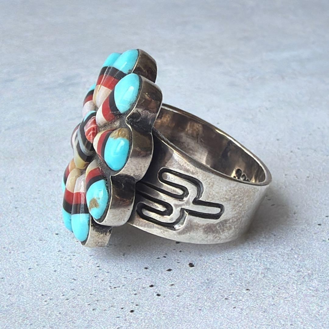 Zuni Sun God Sun Face Inlay Ring, US Size 8.5-9