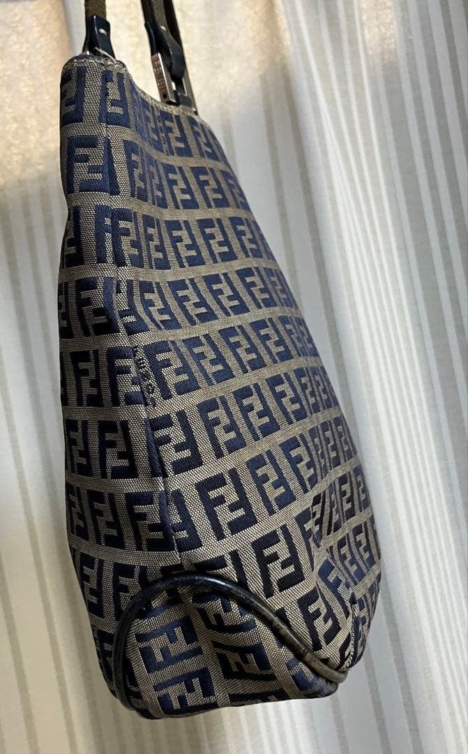 FENDI Zucca Tote Shoulder Bag Navy Beige Canvas Leather Logo Print Vintage Japan