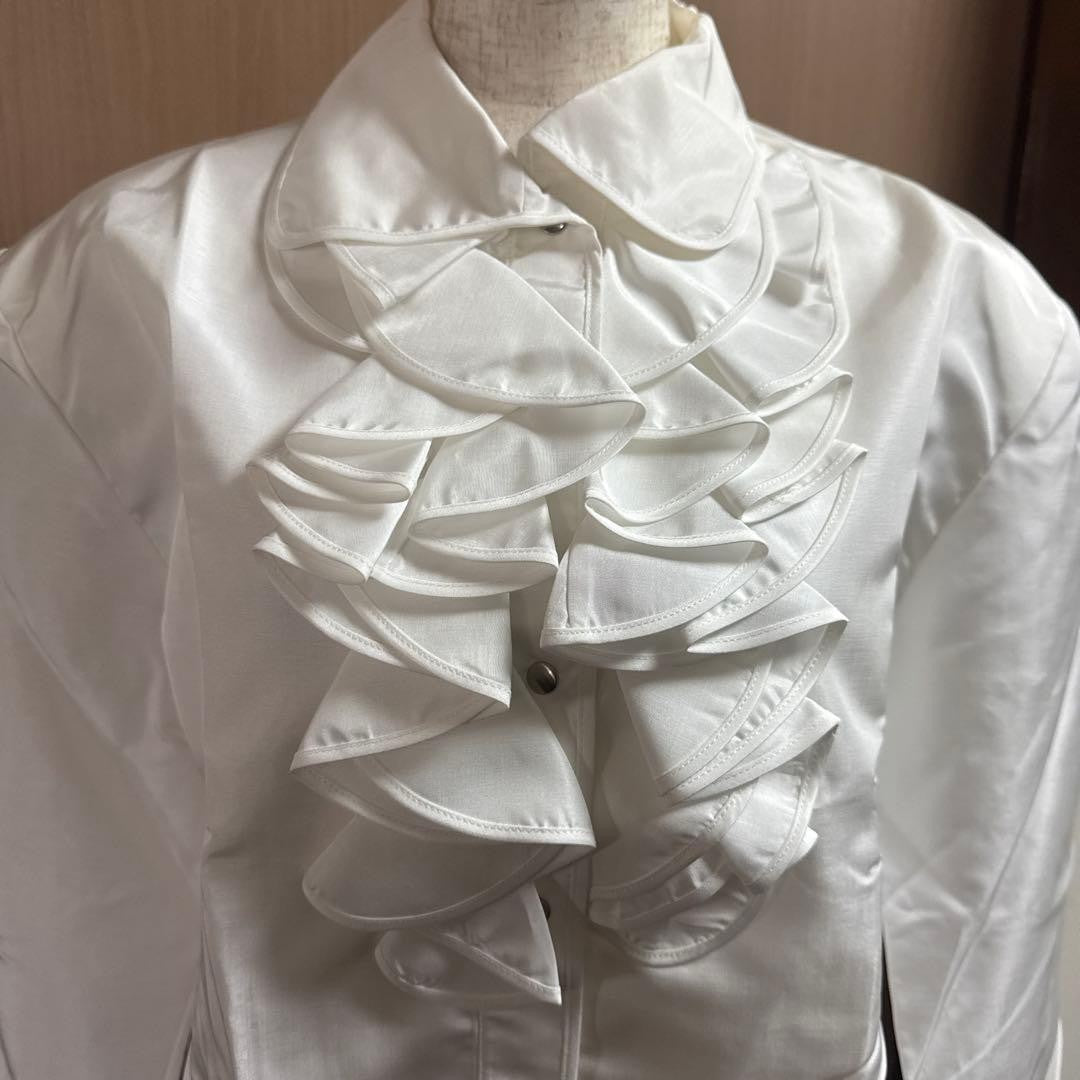 Thierry Mugler White Frill Long Sleeve Shirt Size 9 Polyester Near M Vintage 80s