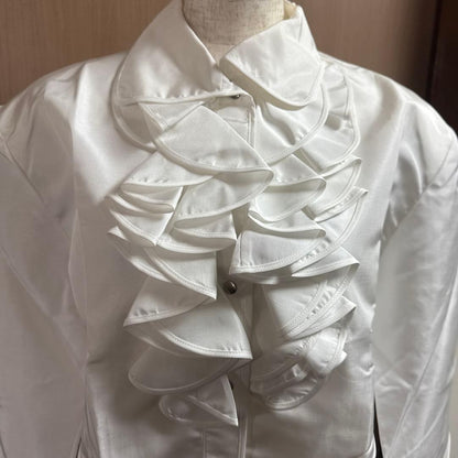 Thierry Mugler White Frill Long Sleeve Shirt Size 9 Polyester Near M Vintage 80s