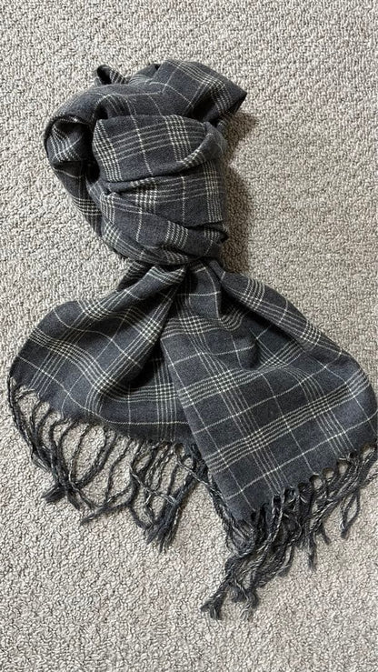 LORO PIANA Wool Check Scarf Gray Fringe 162x48cm