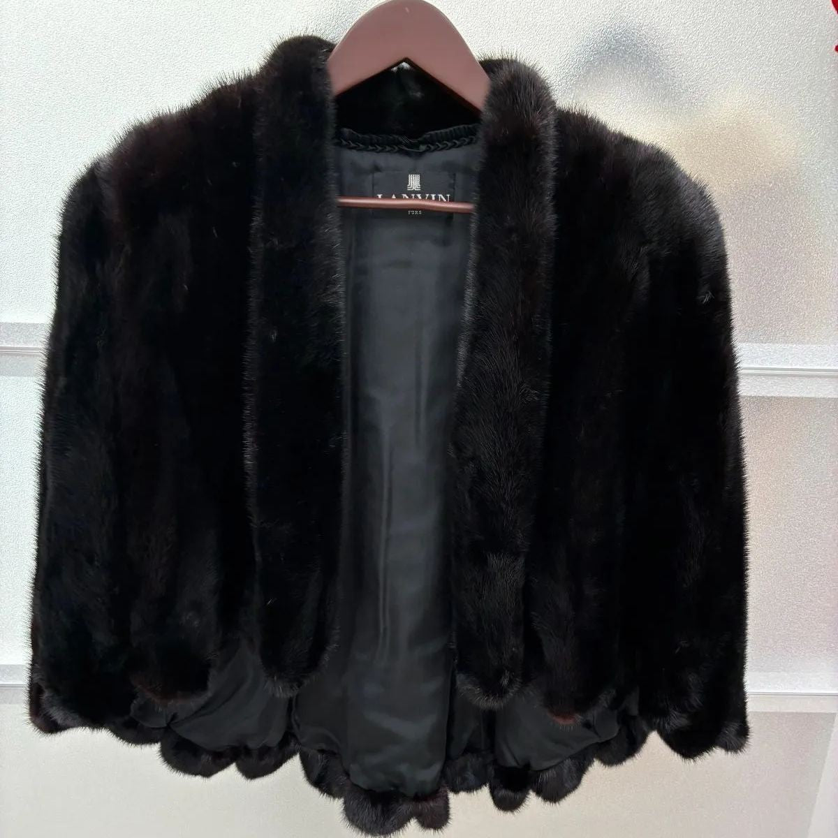 LANVIN Vintage Black Mink Real Fur Poncho Mantle Cape Coat Gold Saga Japan