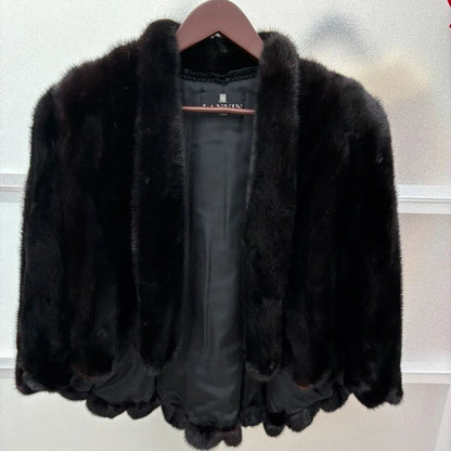 LANVIN Vintage Black Mink Real Fur Poncho Mantle Cape Coat Gold Saga Japan