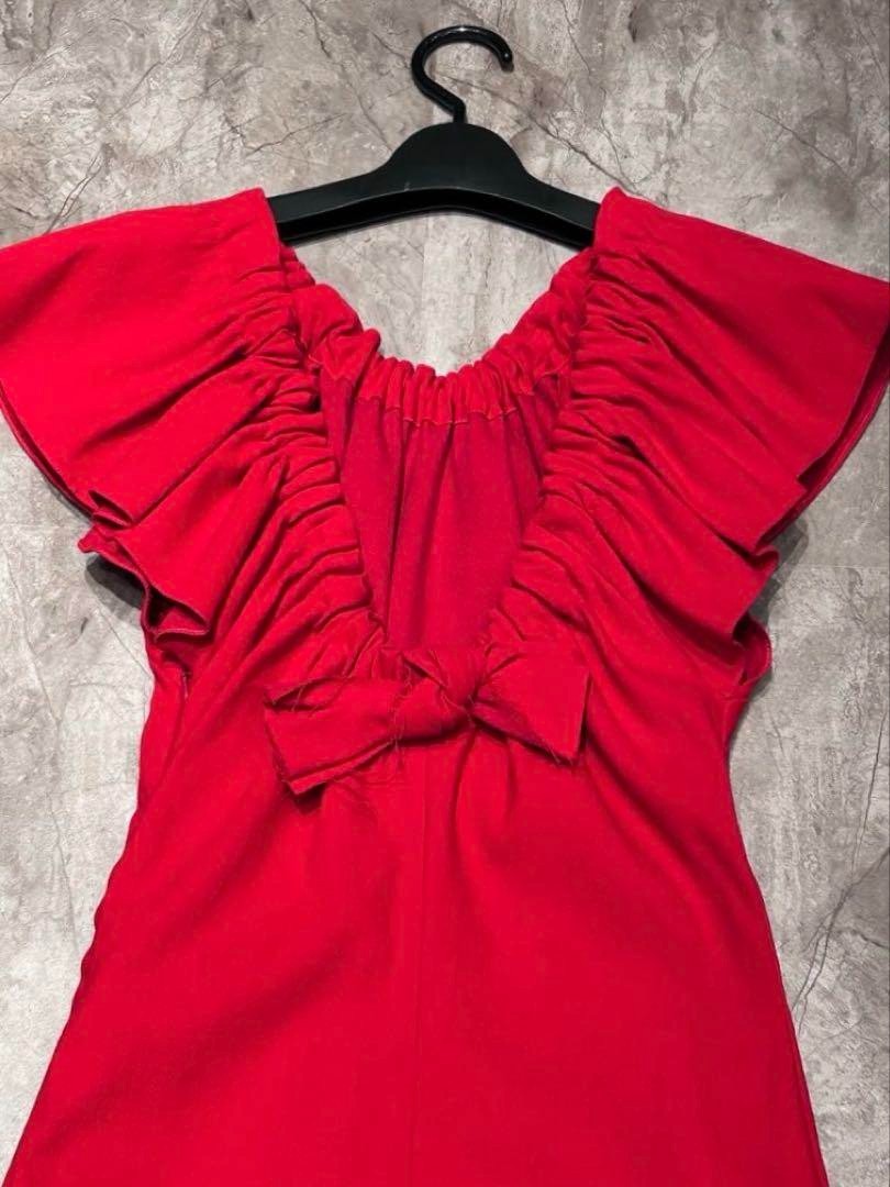 LANVIN Red Ruffle Knee-Length Dress Size 34 Length 35 Inches