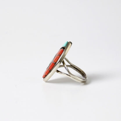 Amy Wesley Zuni Ring: Turquoise & Coral Inlay Friendship Motif. US Size 6.5.