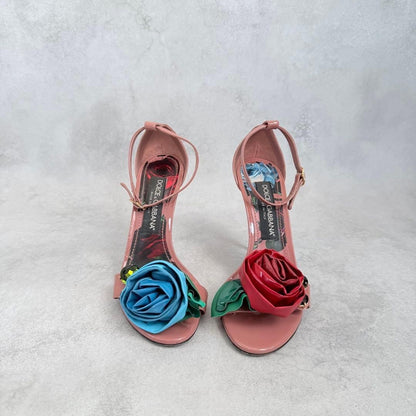 DOLCE & GABBANA Ankle Strap Rose Heels Sandals Women Size 37 US 7 Pink Red Blue
