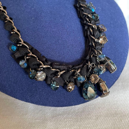 LANVIN Blue Stone Necklace Black Ribbon Elegant Designer Jewelry From Japan Rare